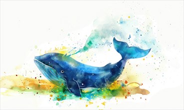 A watercolor illustration of a playful whale spraying water from its blowhole AI generated
