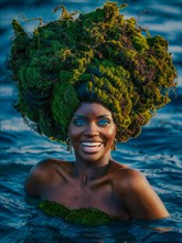 Cheerful woman laughing with moss hair, blue ocean water, and sunset, earth day concept, AI
