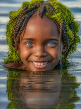 Calm girl in ocean with serene smile and seaweed crown, reflected in the water at dusk, earth day
