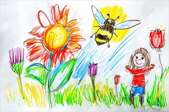 Flower meadow with bees, drawing with coloured pencils by a child of preschool age, primary school