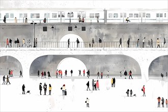 Illustrative depiction of urban life featuring a bridge and public transport, illustration, AI