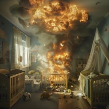 A huge fireball explodes in a child's room and causes chaos, AI generated