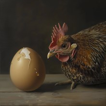 Portrait of a chicken next to an egg with dramatic painted style lighting, AI generated