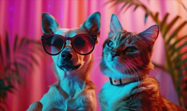 A dog and a cat wearing sunglasses under neon lighting looking cool and trendy AI generated