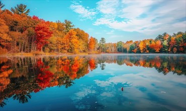 Autumn foliage reflected in the calm waters of the lake, nature background AI generated