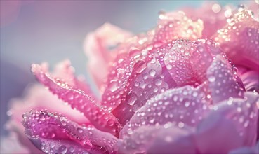 Close-up of a peony flower with dewdrops sparkling in the morning light AI generated