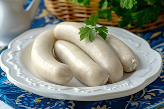 Plate with white 'Weisswurst' sausages, a traditional boiled Bavarian sausage, KI generiert,