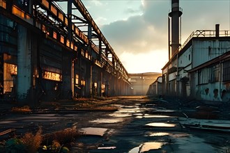 Vast expanse of an abandoned factory complex, AI generated