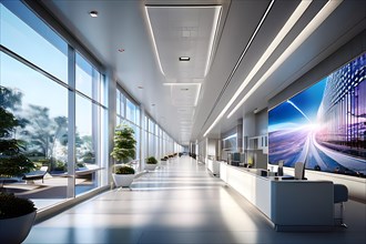 Elongated corridor within a contemporary medical center, AI generated, modern, architecture