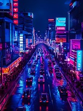 Nighttime cityscape main artery bustling with neon reflections on cars, AI generated