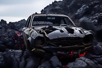 Car that was overtaken by lava now eerily preserved in rocks, AI generated