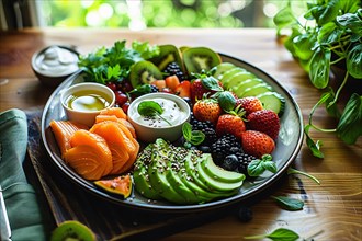 Healthy breakfast plate with smoked salmon, avocado, fruits, berries, and nutritious seeds, AI