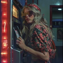 Anxious young woman in retro clothing uses an ATM at night, AI generated