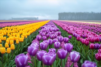 Expansive tulip field under overcast sky with yellow and purple flowers, AI generated