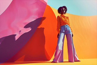 Fashion shot with retro vibe featuring a woman in wide-leg pants and bold colors, AI generated