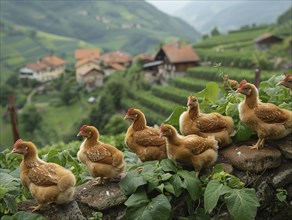 Chickens perched on a stone wall with lush green foliage and a village behind, AI generiert, AI