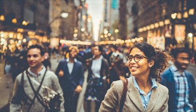 A smiling woman in casual clothing enjoys the busy urban atmosphere of a city street, rush hour