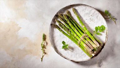 A plate of fresh asparagus next to green leaves, illuminated from the side, AI generated, AI