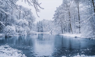 A frozen lake framed by snow-laden trees in a winter wonderland scene AI generated