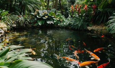 A tranquil koi pond surrounded by lush vegetation and blooming flowers AI generated
