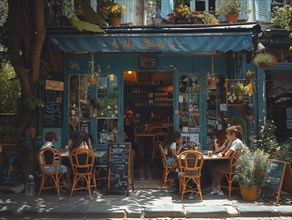 Lebendige Cafeterrasse in Paris, Menschen beim Gespraech und Geniessen der Stadt, Lifestyle in