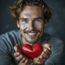 Charming smiling man with brown hair happily presents a red heart, AI generated