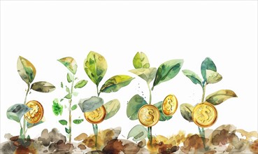 Watercolor illustration of money coins growing on a tree sprout AI generated
