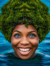 Woman emerging from blue ocean waters, refreshing smile with green foliage hat, moss growing and