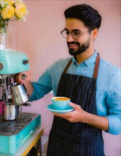 A man with glasses smiling contentedly as he prepares coffee with a pastel-colored espresso