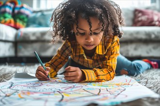 A preschool child lies on the floor and draws a picture with coloured pencils, AI generated, AI
