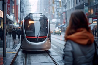 A modern tram in the city during evening with a person in foreground, AI generated