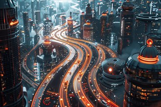 Vibrant neon-lit roads weave through a fantasy cityscape in a futuristic urban scene, AI generated