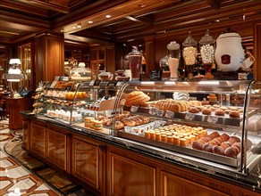 Warmly lit bakery with a variety of pastries displayed in a glass case, wood-paneled walls
