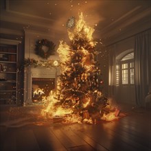 A Christmas tree is on fire in a festively decorated living room, AI generated