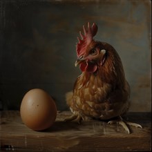 Portrait of a brown chicken next to an egg in front of a painted texture background, AI generated