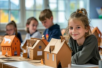 Pupils in a classroom with model houses made from cardboard, visual arts lessons, AI generated, AI