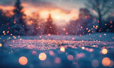 Bokeh lights sparkling against a snowy landscape, closeup view AI generated