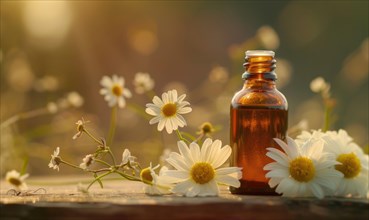 Chamomile essential oil in a dropper bottle, closeup view, skin care cosmetic background AI