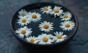 Daisies floating in a bowl of water, close up AI generated