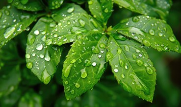 Raindrops on fresh green leaves, close up view of spring green leaves, nature background AI