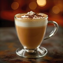 A warm latte in a glass cup topped with whipped cream and cocoa powder, with a bokeh background, AI