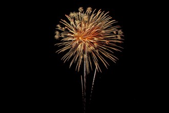 A single firework bursts with bright orange sparks against a dark background, AI generated