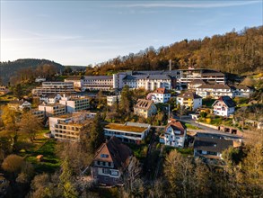 Urban panorama with houses and a large hospital complex, Calw, Black Forest, Germany, Europe