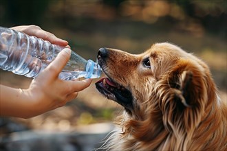 Human giving water from bottle to dog in summer. KI generiert, generiert, AI generated
