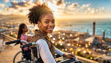 Cheerful woman in a wheelchair on a harbor at sunset with a radiant smile, AI generated