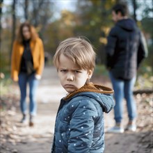 Dissatisfied child in the foreground with family turning away on a path in autumn, AI generated