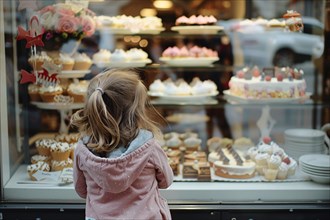 Young girl child looking at various cakes through shopping window of pastry shop. KI generiert,