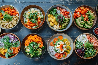 Assorted colorful and healthy salad bowls arranged neatly from a top view, AI generated