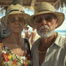 An elderly couple in sunglasses and straw hats look seriously into the camera, beach in the