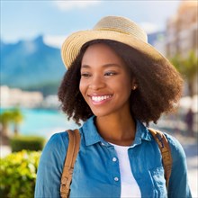 Happy woman in a straw hat and denim shirt enjoying a sunny day of travel with a backpack, blurry